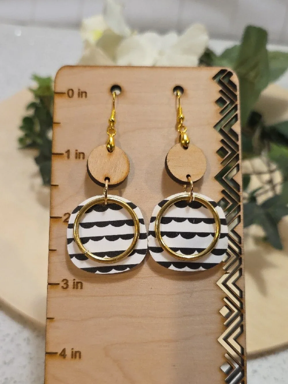 Gold Hoop Black & White Striped Wood Drop Earrings